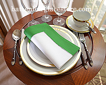 White Hemstitch Dinner Napkin with Mint Green border - Click Image to Close